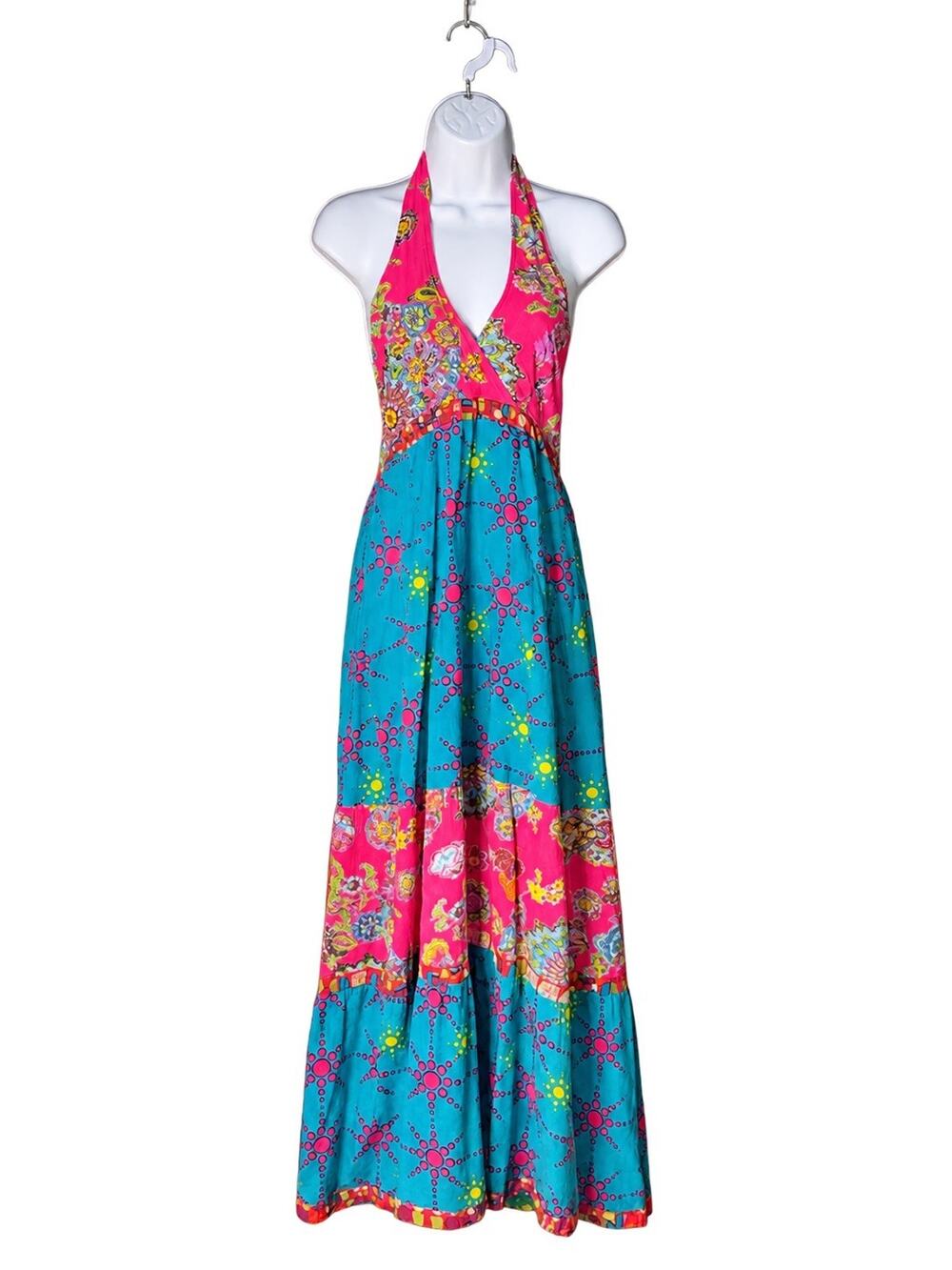 Boho Halter Maxi Dress L/XL Pink Turquoise Floral Paisley Hippie Festival Cotton